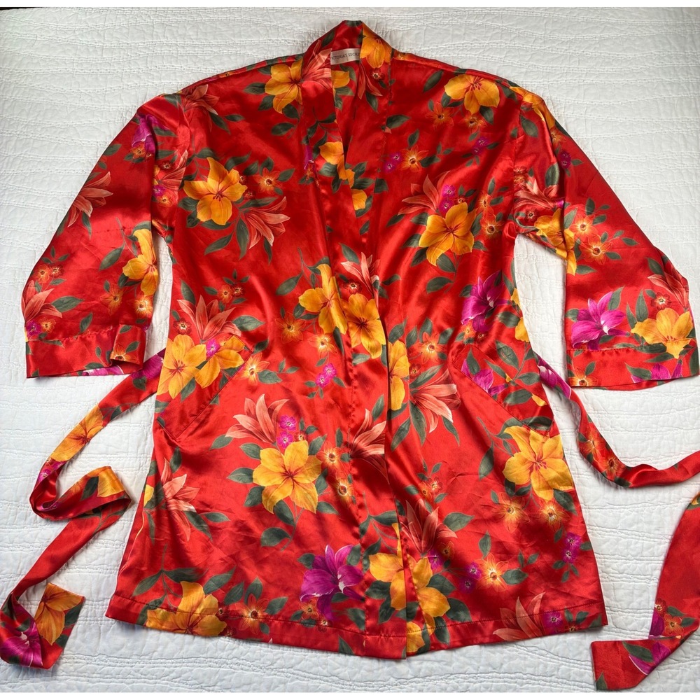 Vtg Victoria's Secret Satin Weave Floral Kimono Robe Red Tropical Short Y2K OS
